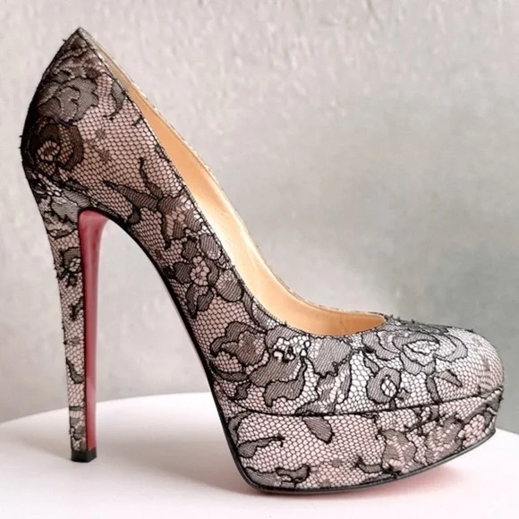 🌺CHRISTIAN LOUBOUTIN 👠 Pink Satin And Black Lace Platform Pump Size: 35.5 - Picture 3 of 13